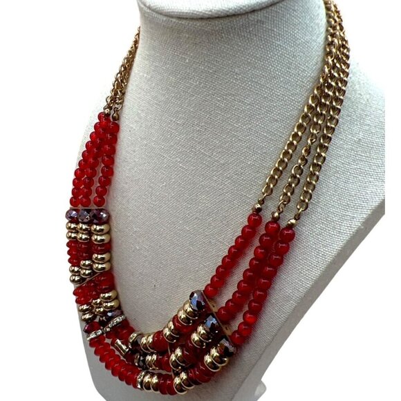Vintage Napier Multi-Strand Red Bead & Gold-Tone Statement Necklace.  C14 - Picture 3 of 13